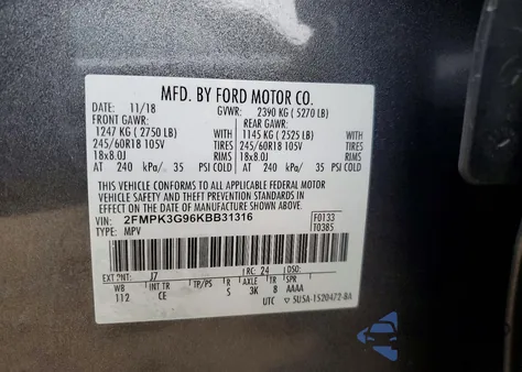 2019 Ford Edge Se из США, поврежденный, VIN 2FMPK3G96KBB31316